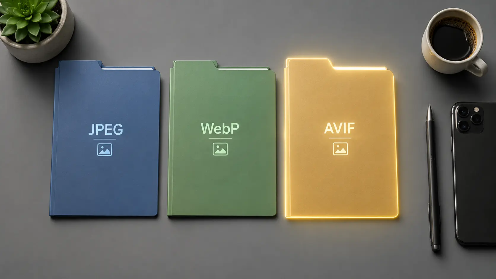 Modern technology workspace representing image format evolution and web development tools