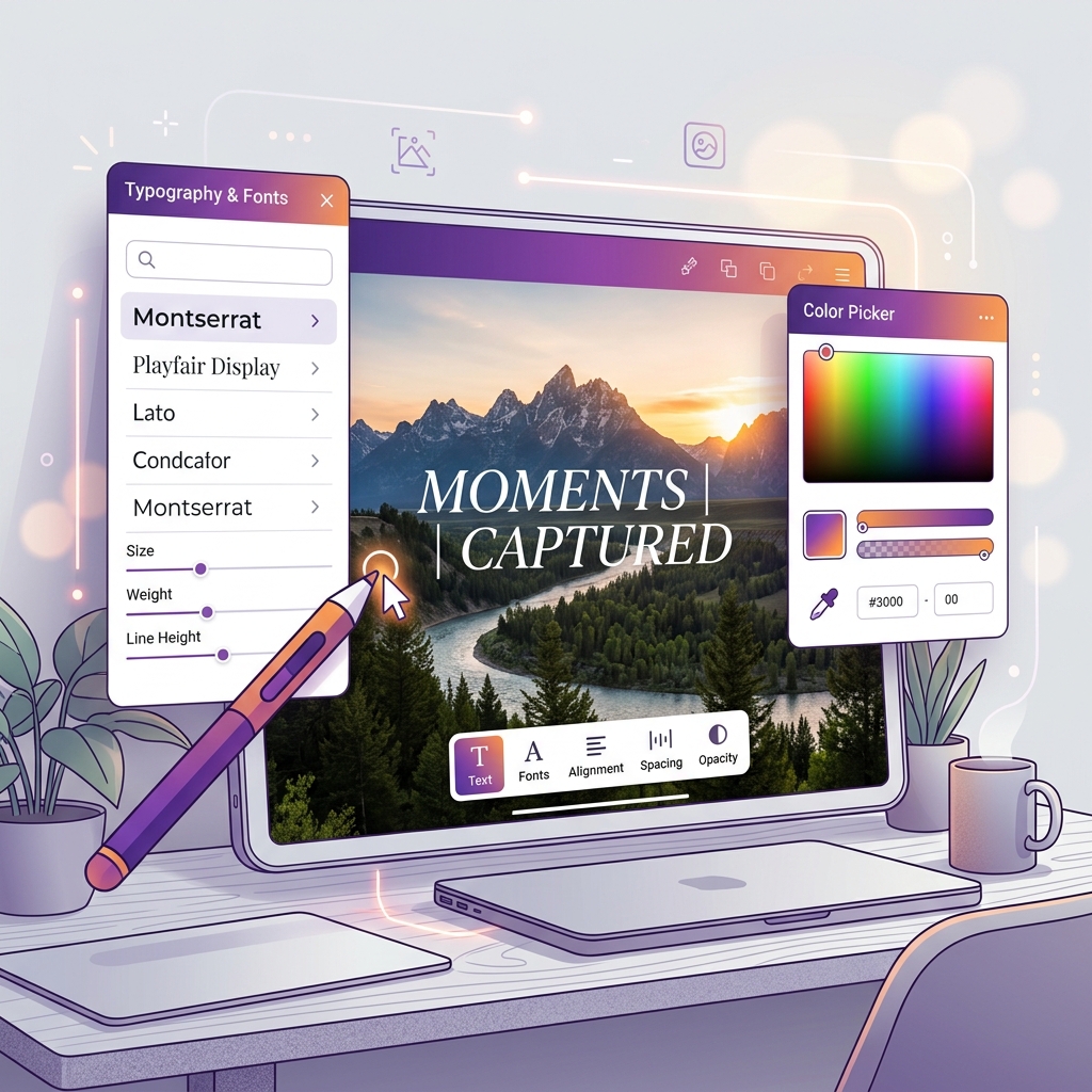 Illustration showing text being added to a photograph with font selection and color picker tools