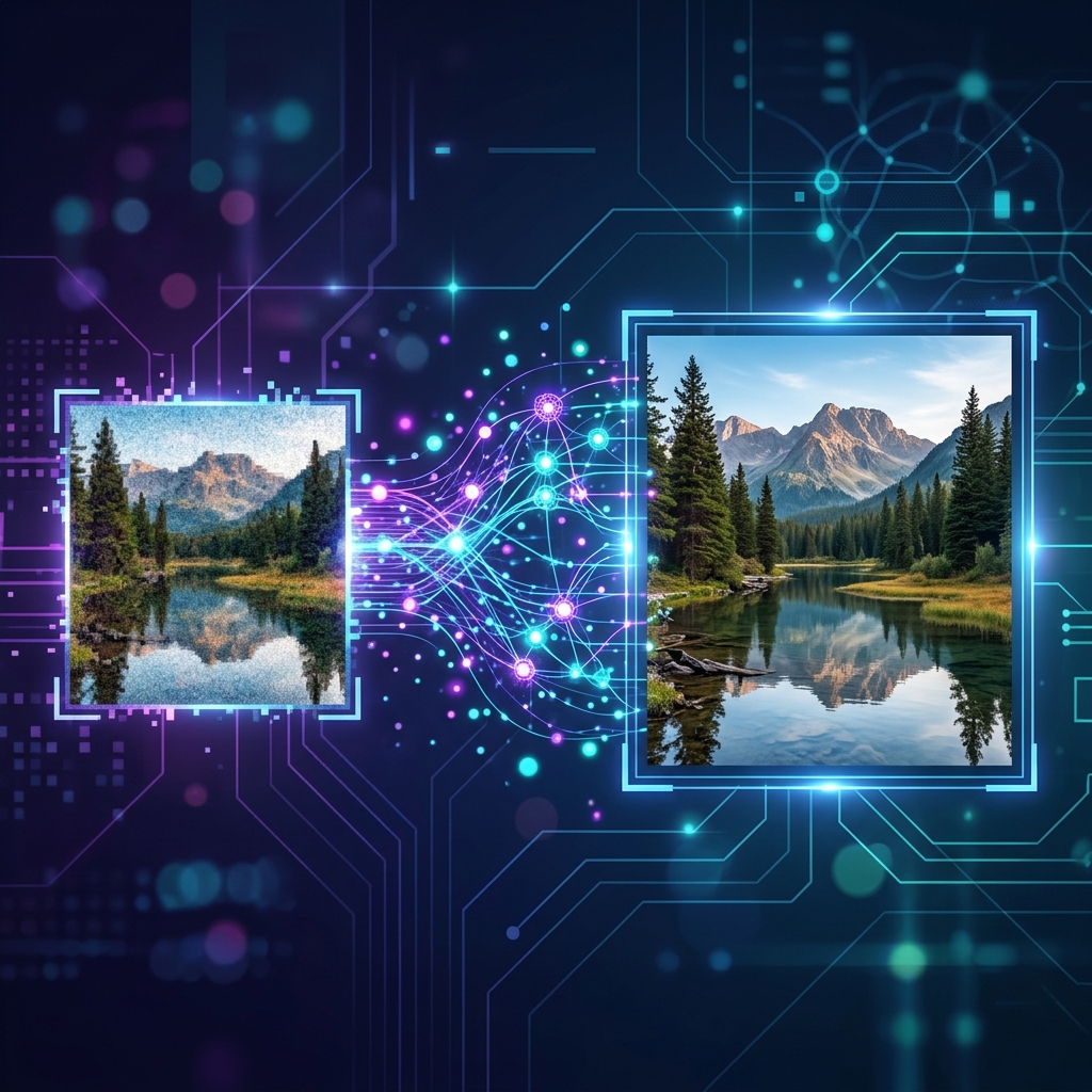 Illustration showing AI transforming a pixelated low-resolution image into a crystal-clear high-resolution photo