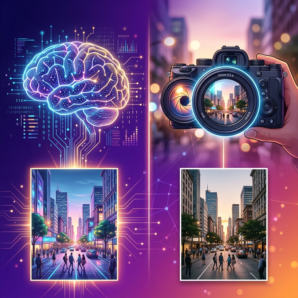 Illustration comparing AI image generation with neural network patterns versus camera-based real photography