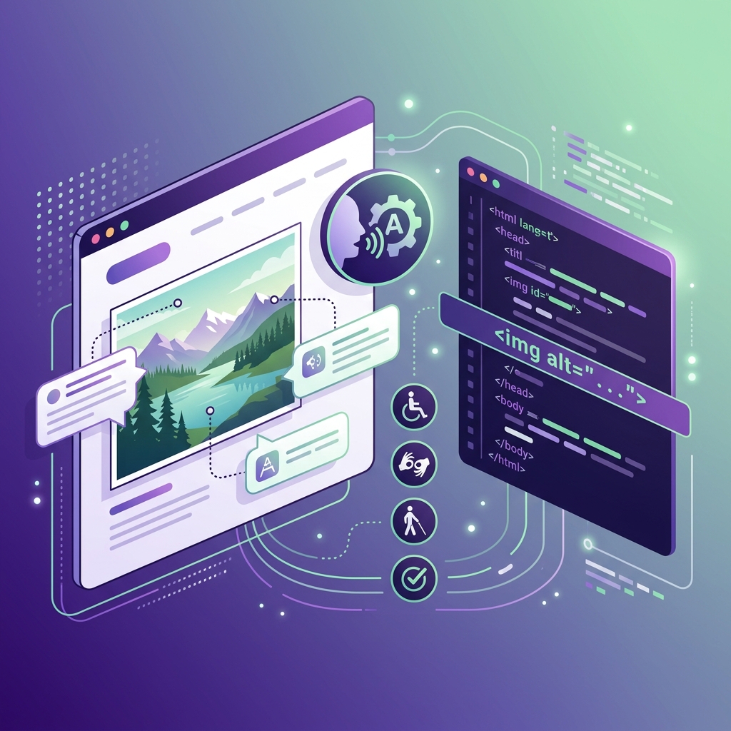 Illustration showing image accessibility concepts with descriptive text bubbles emerging from a photograph and screen reader icons