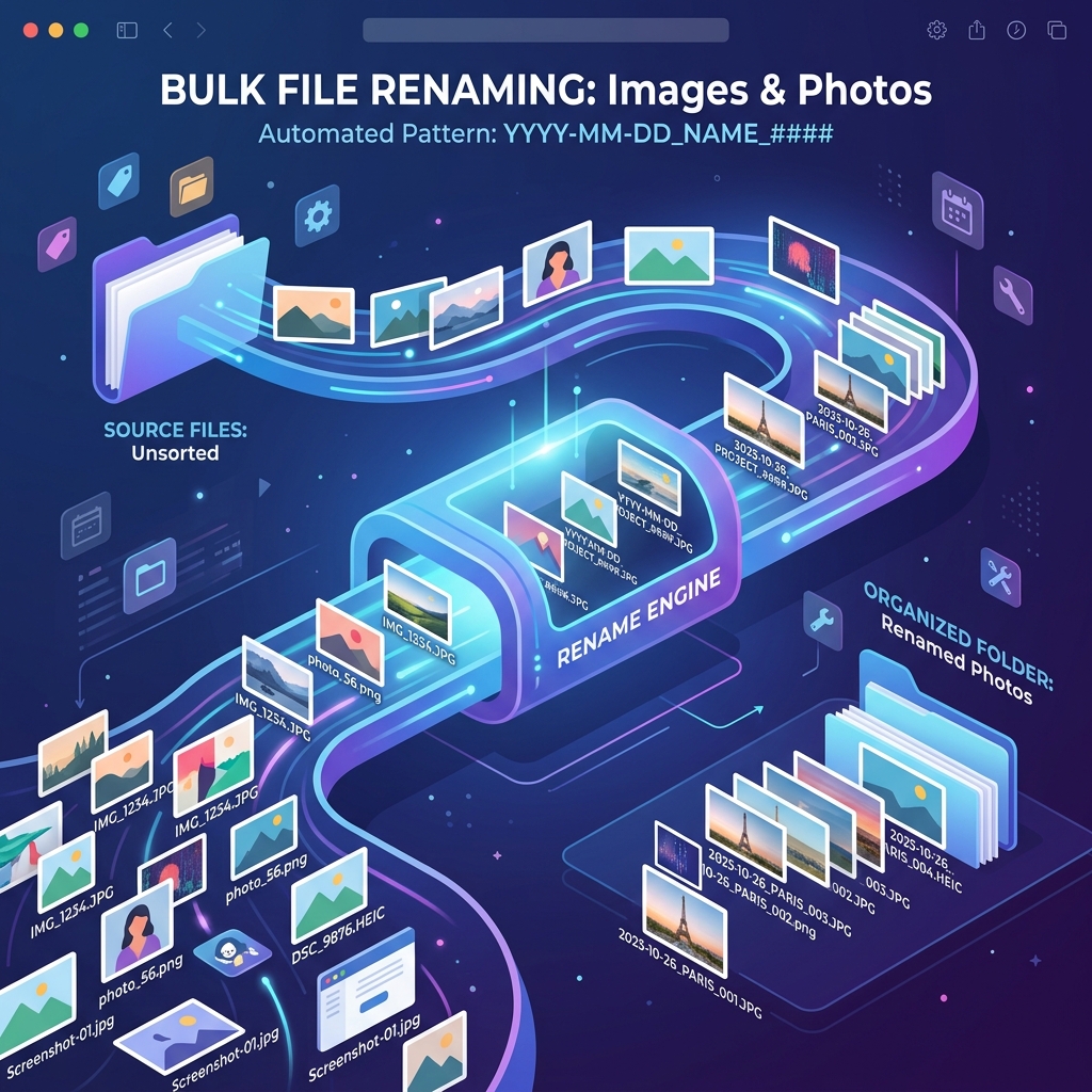 Illustration showing bulk file renaming of photos flowing through a pipeline with organized naming patterns