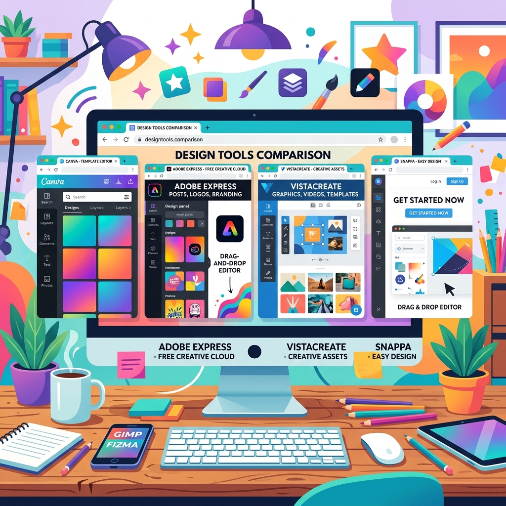 Illustration comparing free graphic design tools with multiple browser windows showing different design interfaces