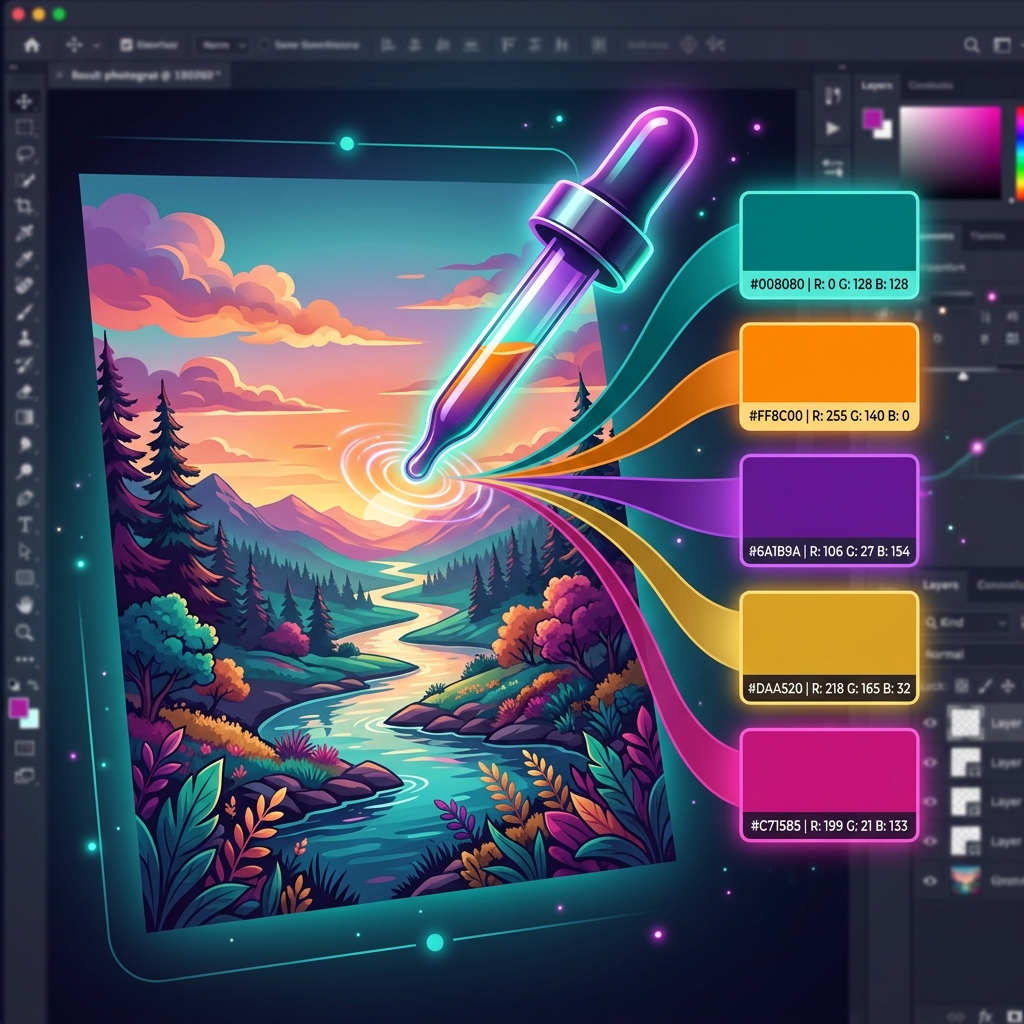 Illustration of an eyedropper tool extracting vibrant color swatches from a colorful landscape photo