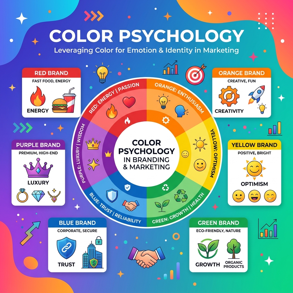 Illustration showing color psychology in branding with a color wheel and emotional associations