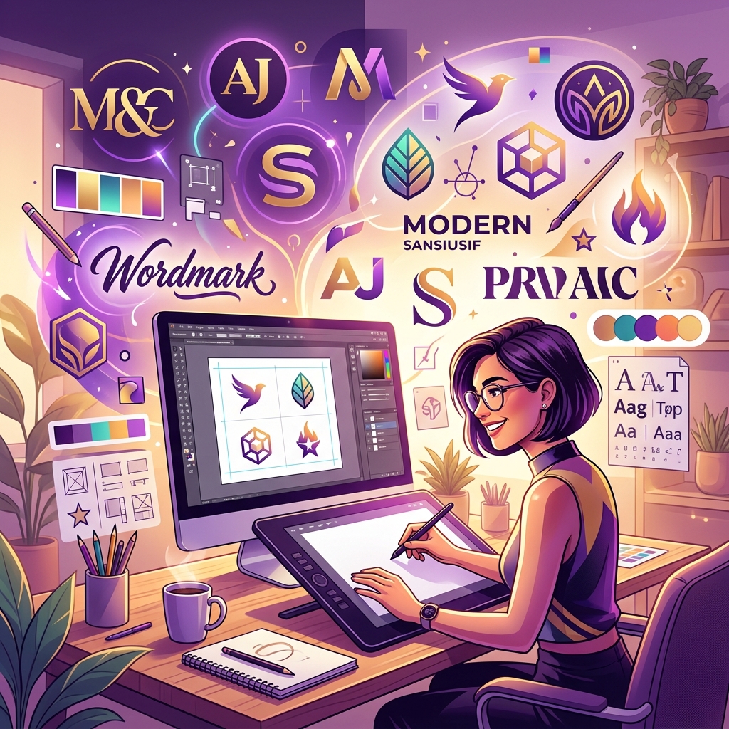 Illustration showing logo design concepts with monograms, wordmarks, and icon marks alongside color palettes and font samples