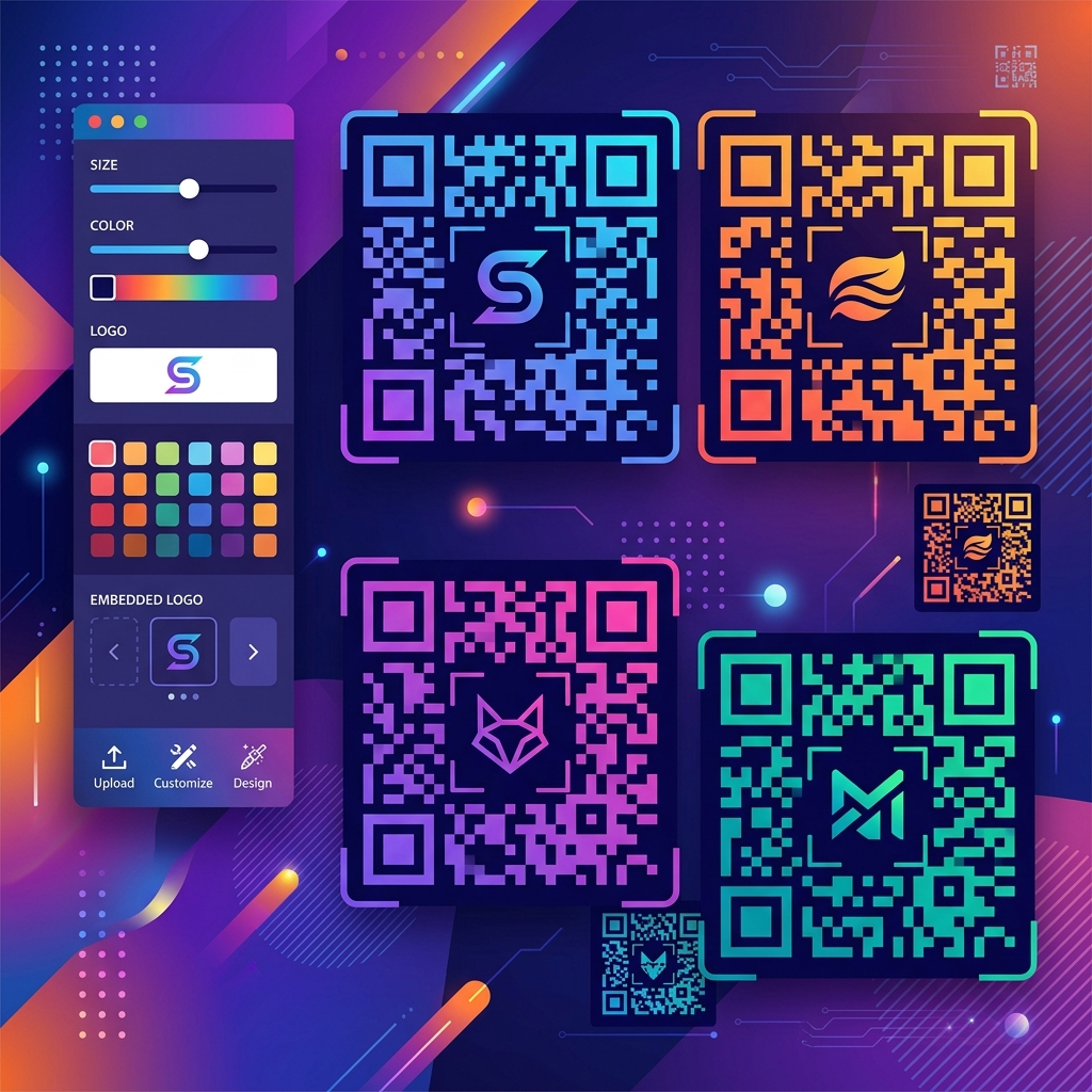 Illustration showing custom branded QR codes with logos and colors alongside a design interface