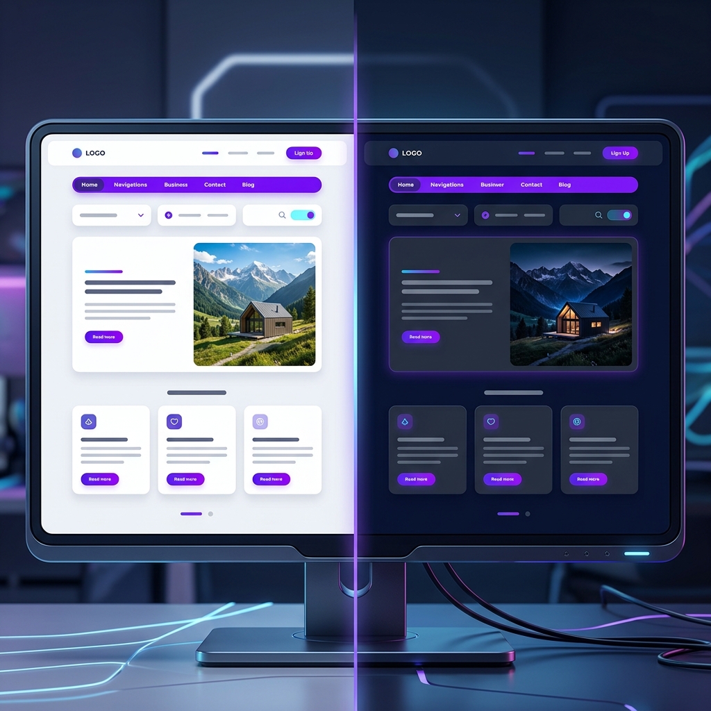 Illustration showing a website in both light and dark mode with images adapting to each theme