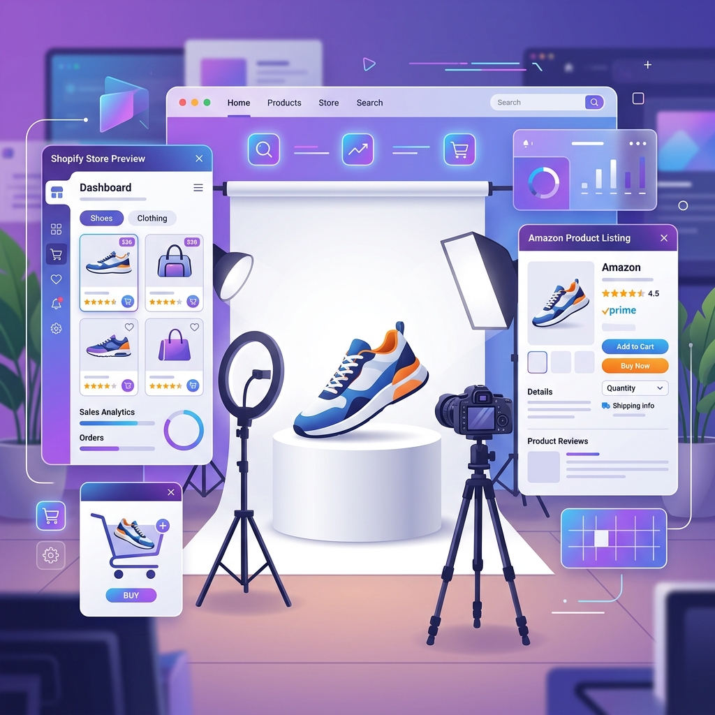Illustration showing professional product photography setup with clean background and e-commerce marketplace interface