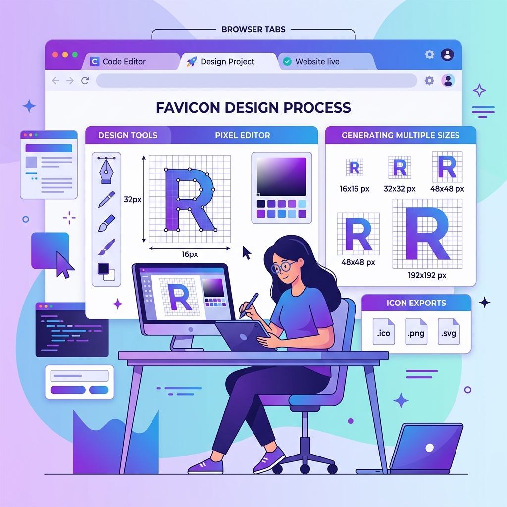 Illustration showing favicon design process with browser tabs showing tiny icons and multiple favicon sizes
