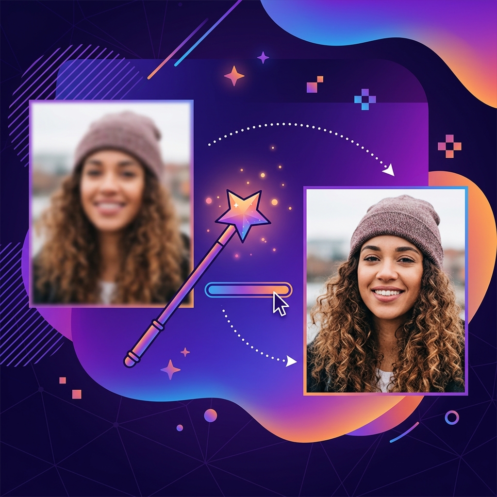 Illustration showing a blurry photo being sharpened with before and after comparison and editing tools