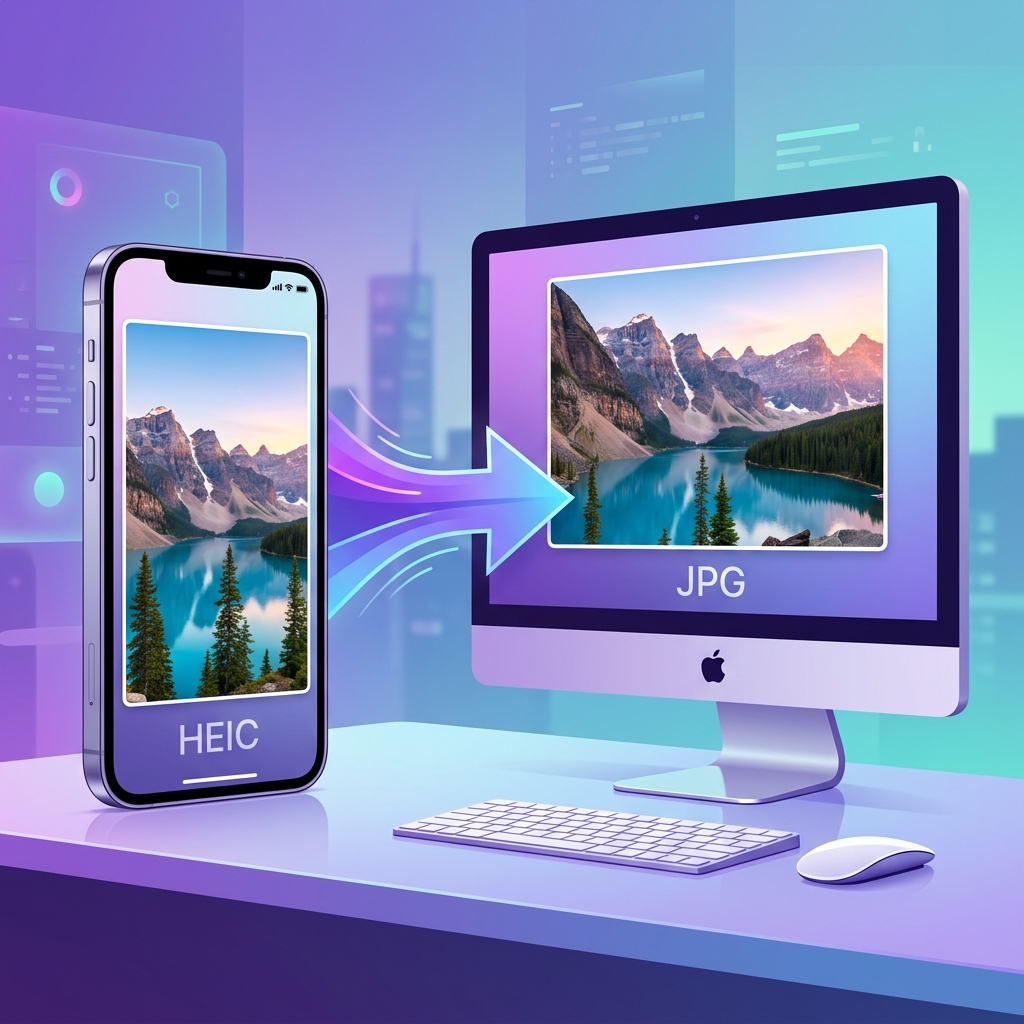Illustration showing HEIC to JPG conversion from iPhone to computer