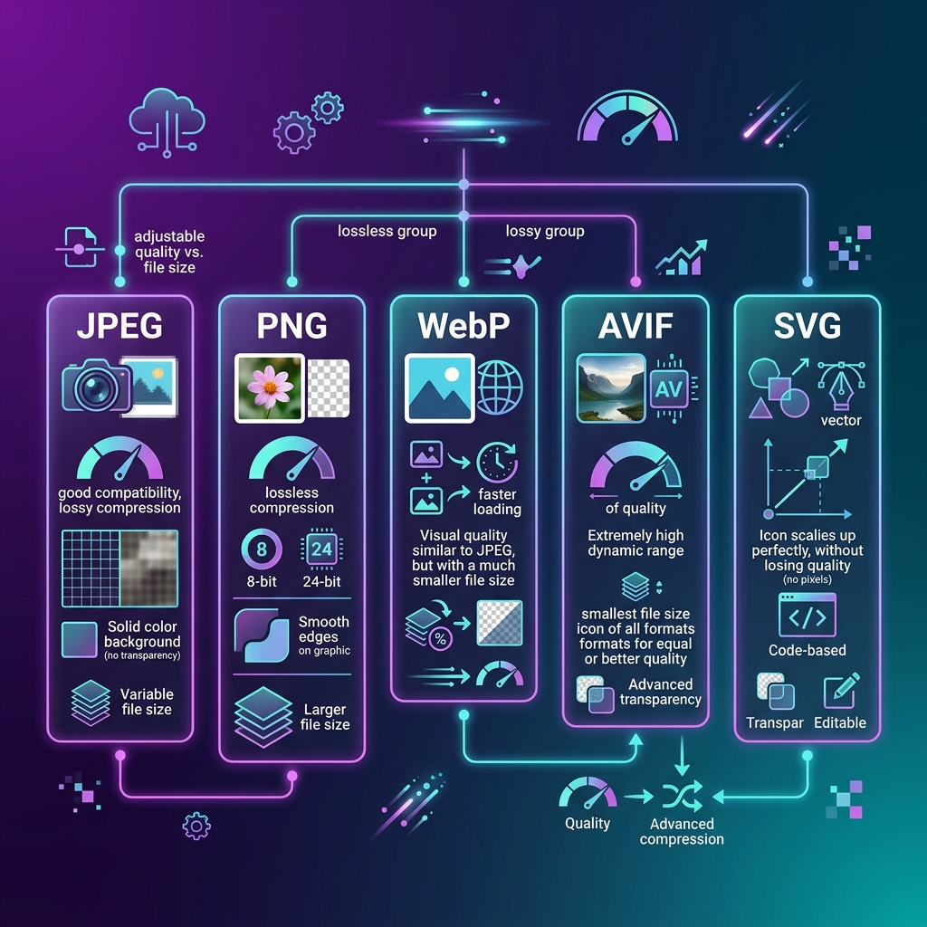 Illustration comparing JPEG, PNG, WebP, AVIF, and SVG image format characteristics