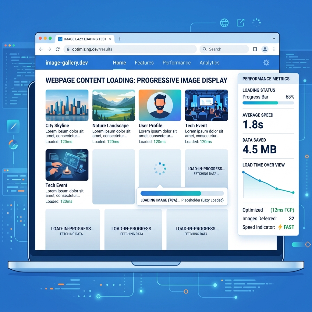 Illustration showing web page lazy loading with some images loaded and placeholder skeletons for others