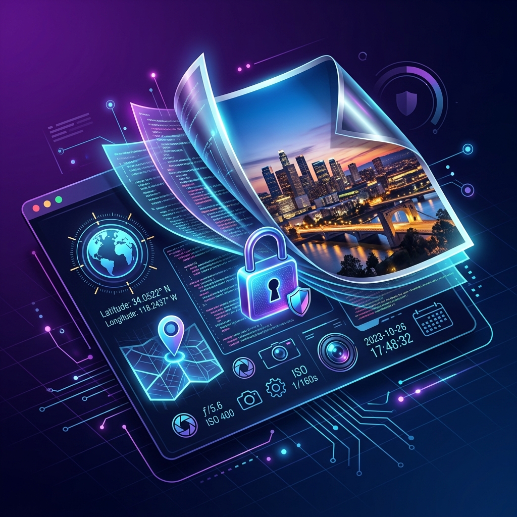 Illustration showing hidden data layers being revealed beneath a digital photograph with GPS, camera info, and timestamps