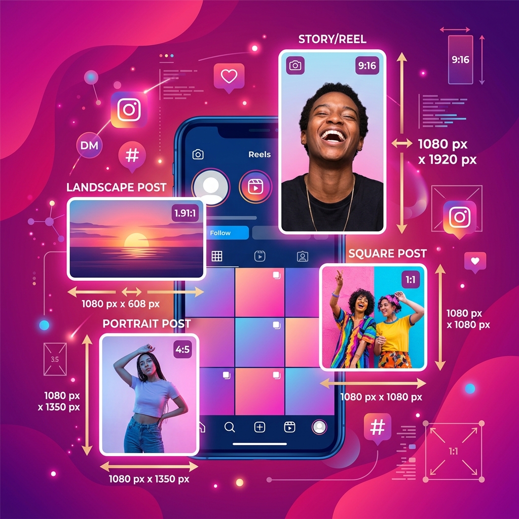 Illustration showing Instagram content types with different dimensions for posts, stories, reels and profile pictures