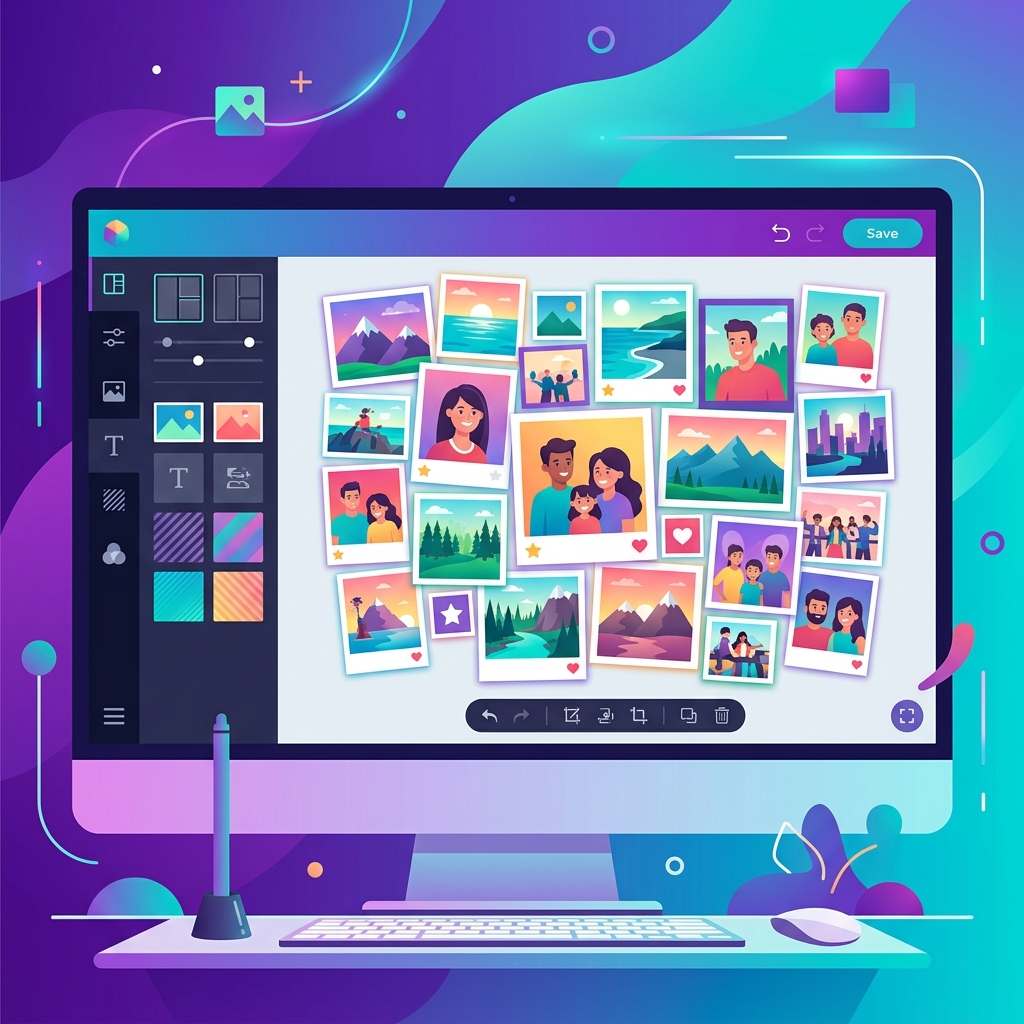 Illustration showing photo collage creation with multiple images arranged in a creative grid layout