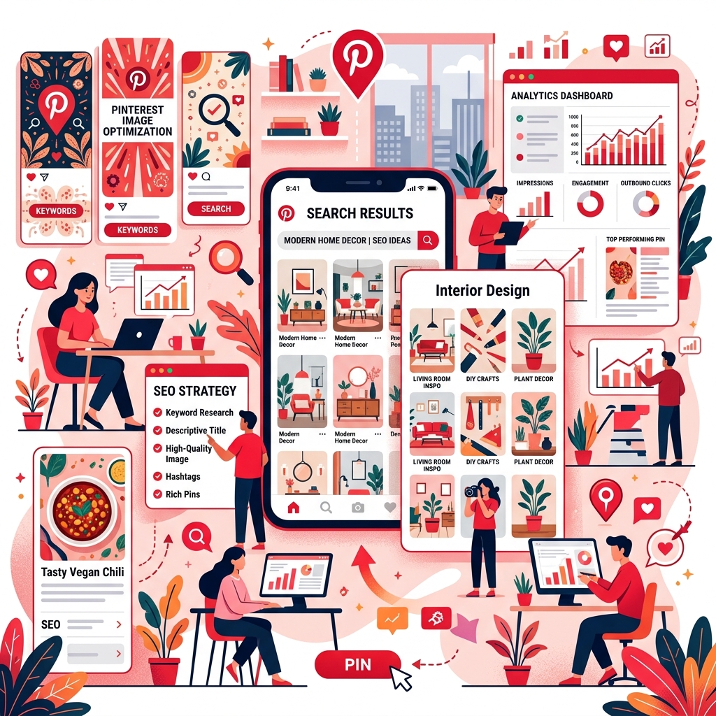Illustration showing Pinterest image optimization with vertical pins, search results, and analytics