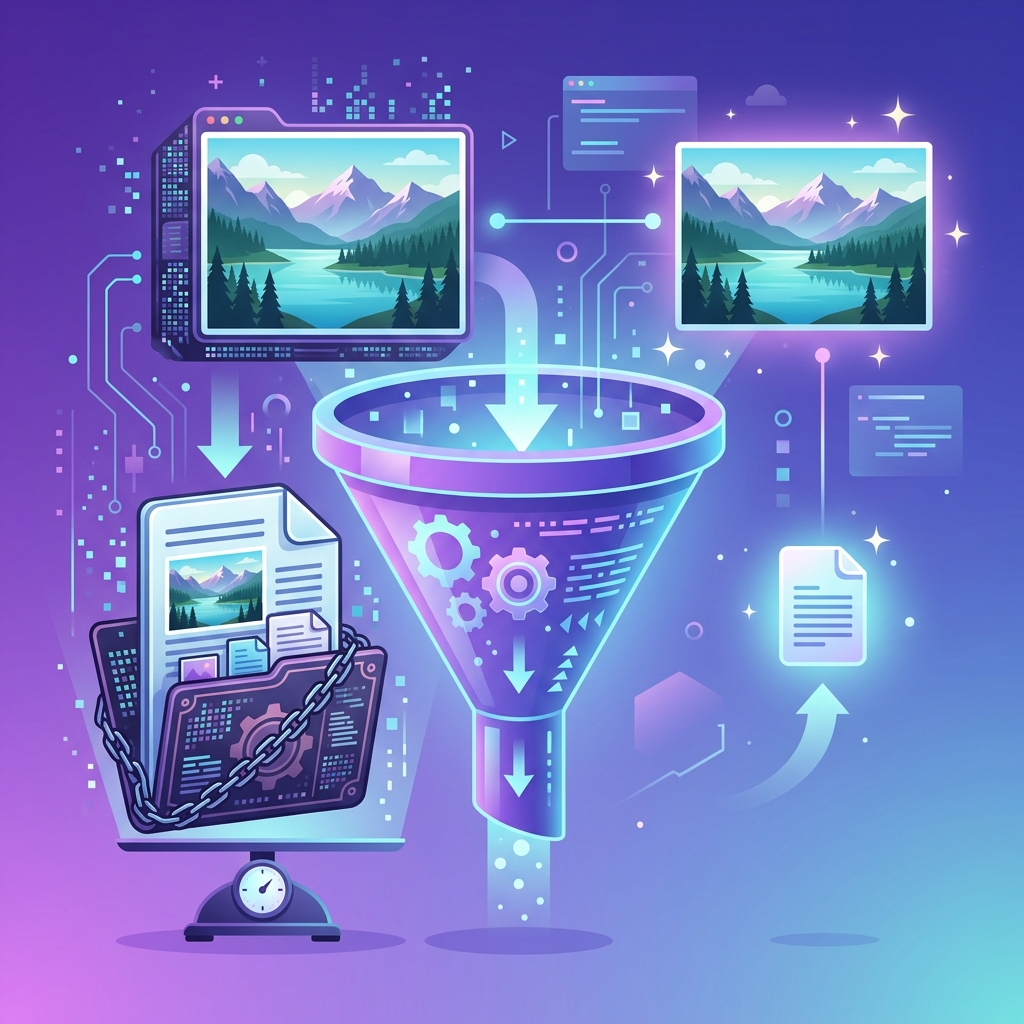 Illustration showing a large image file being compressed through a funnel into a smaller optimized file