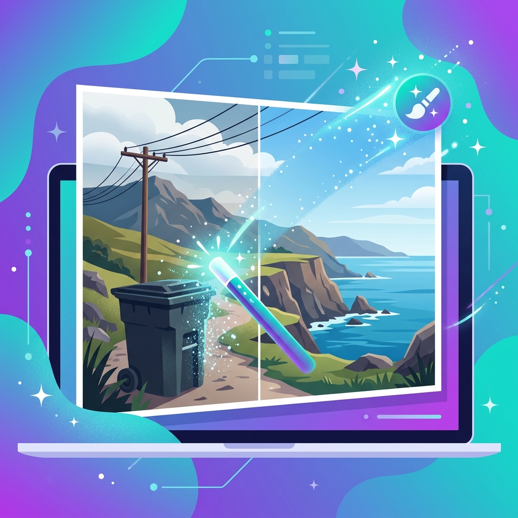 Illustration showing an unwanted object being digitally erased from a landscape photograph with AI tools