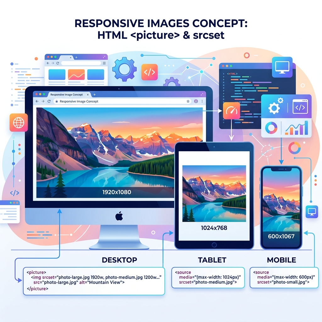 Illustration showing responsive images across desktop, tablet, and mobile screens at different resolutions