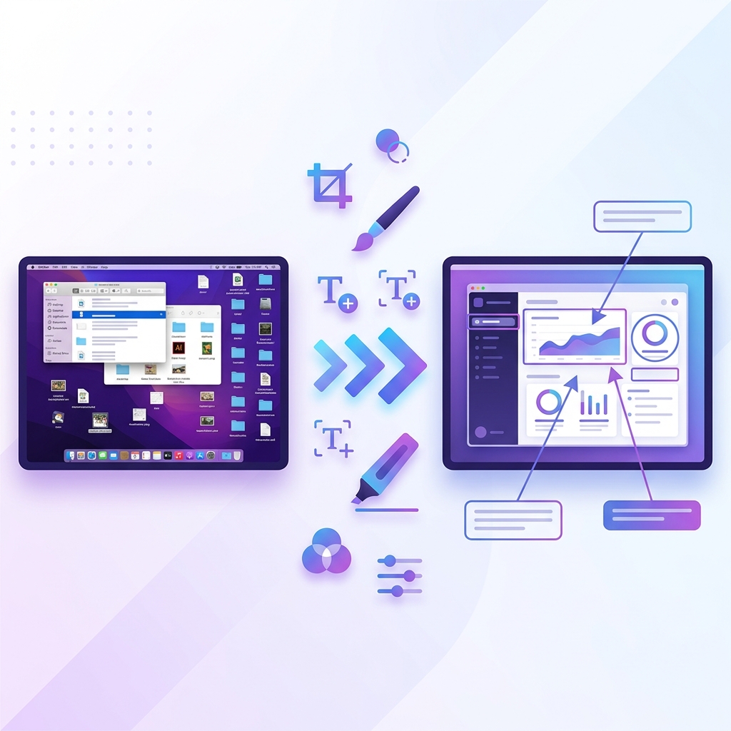 Illustration showing a messy screenshot being transformed into a clean, professional annotated image