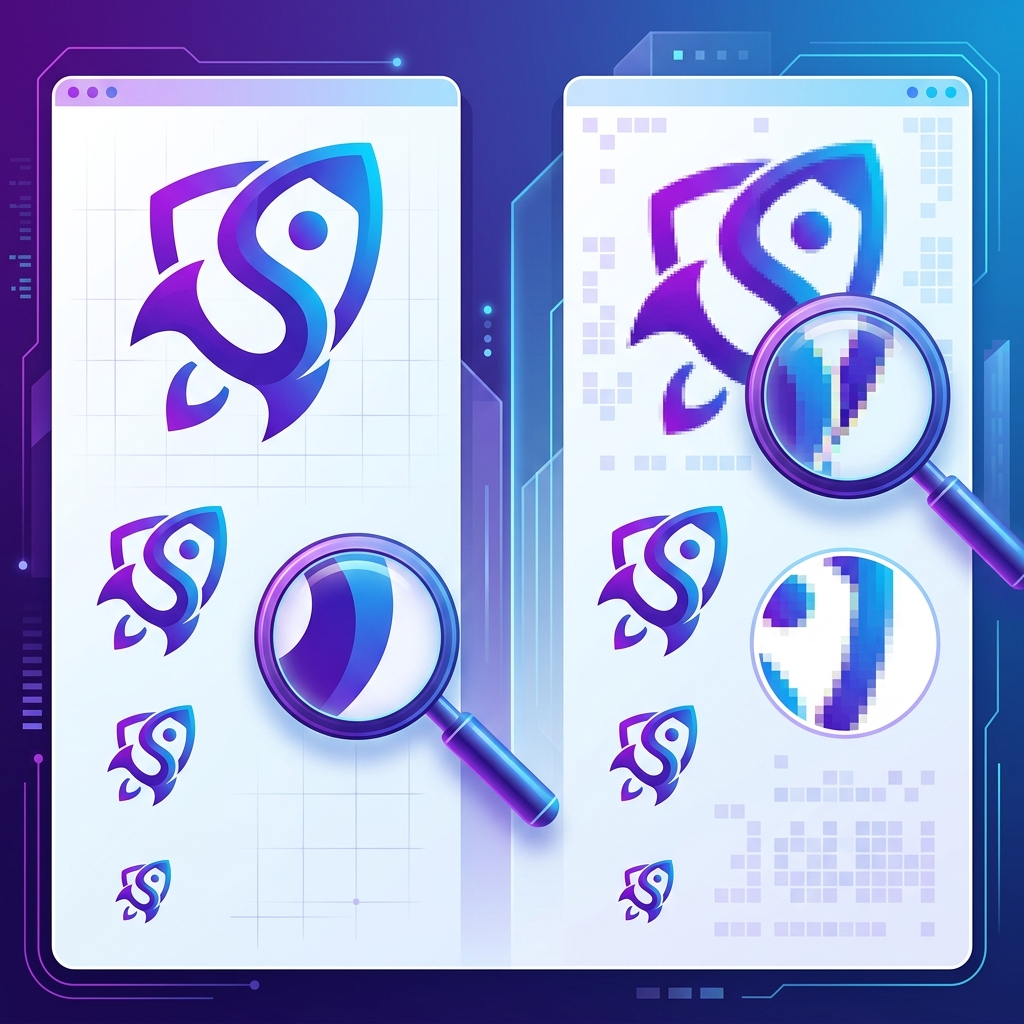 Illustration comparing SVG vector graphics showing crisp scaling versus PNG raster showing pixelation when enlarged