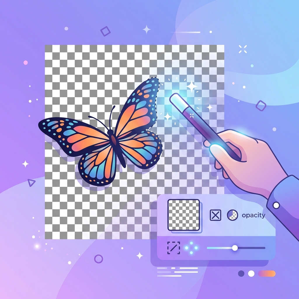 Illustration showing image transparency concept with a butterfly on a checkered background being edited with transparency tools