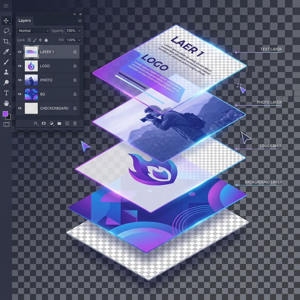 Illustration showing transparent layers stacked in image editing with checkered transparency grid