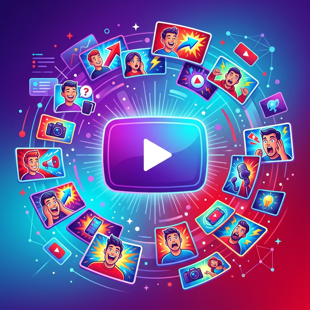 Illustration showing multiple YouTube thumbnail design concepts with vibrant colors and play buttons